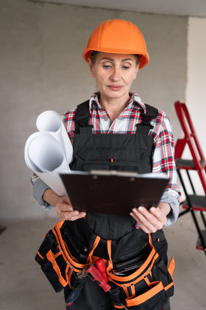 construction worker woman with clipboard and blueprints during house remodeling.の写真素材