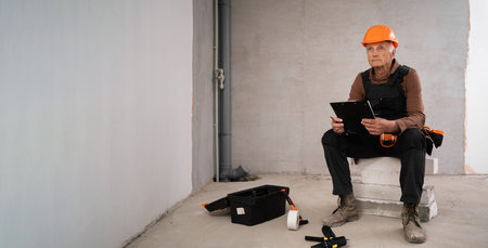 Elderly construction worker holding clipboard looking upset at uneven wall in house under renovation
