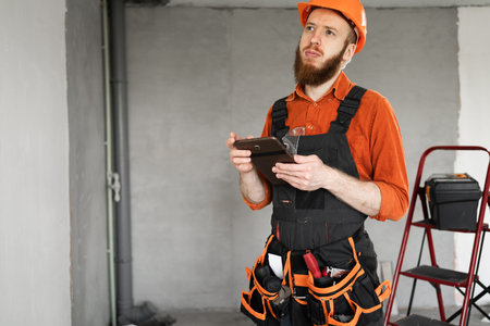 builder with tablet and tools in belt in the room. People, technology, construction and repair