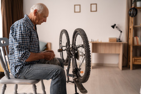 A retired Caucasian man repairs his bicycle at home. An attentive elderly man looks at the rear wheel, maintaining his bicycle in good condition. Leisure and DIYの写真素材