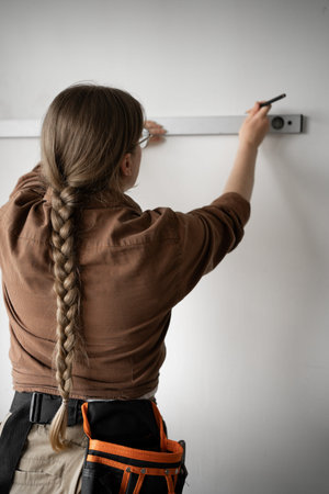 Close-up female repairwoman measures wall using spirit level during home renovation. Highlights...