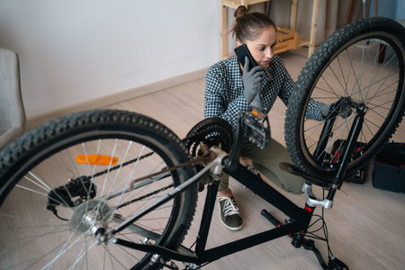 Woman talking on cellphone with technician or repairman while fixing broken bike at home