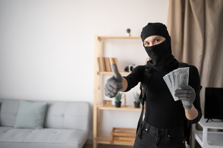 female thief or robber in black balaclava robbing house showing class gesture and money bill into cameraの写真素材
