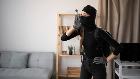 young woman wearing black balaclava and gloves holding arm near wide open mouth and screaming, into somebodys homeの写真素材