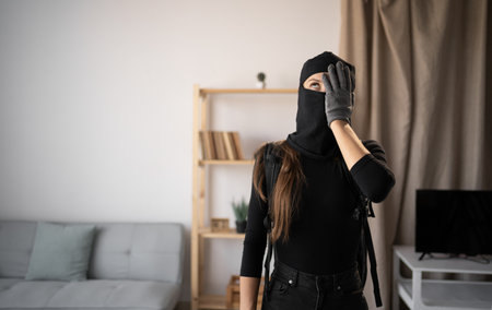 Stressed young woman wearing black balaclava and gloves with omg emotion into somebodys homeの写真素材