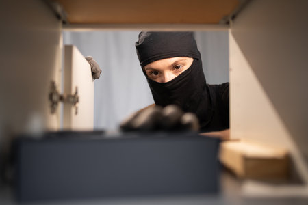 Female thief searching money stealing house. Criminal, house crime and breaking. Apartment, robbery and burglary on property.の写真素材