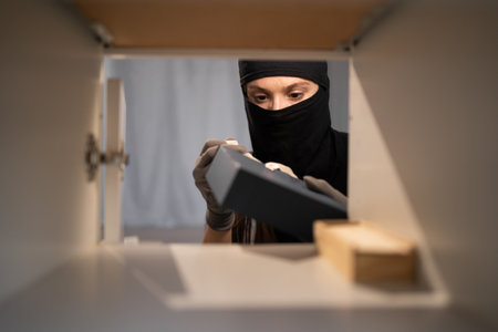 Female thief searching money stealing house. Criminal, house crime and breaking. Apartment, robbery and burglary on propertyの写真素材