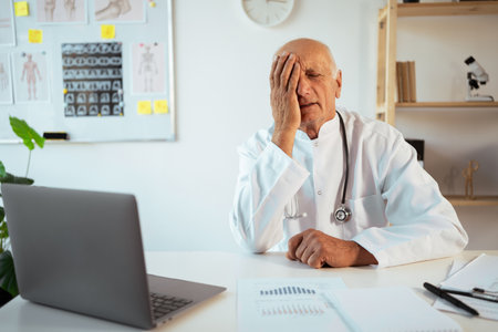 mature doctor with stethoscope works on a laptop looking at camera put hand on face. Senior therapist making video call, practitioner gp consulting patient onlineの写真素材