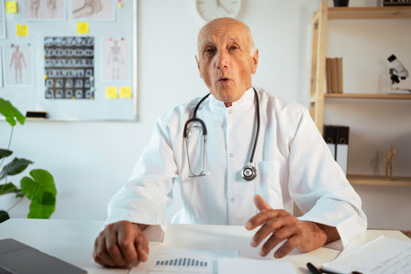 Shocked mature doctor with stethoscope works on a laptop looking at camera with open mouth. Senior therapist making video call, practitioner gp consulting patient onlineの写真素材