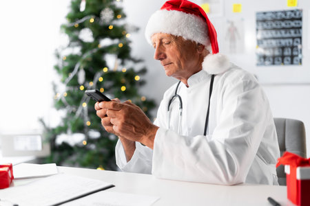 Senior Elderly Doctor in Santa hat using cell mobile smartphone apps on the shift in the hospital on Christmas Eve. medicine, holiday, technology, and healthcareの写真素材