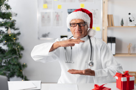 Senior elderly Doctor in Santa hat on the shift on christmas eve showing big size object with handsの写真素材