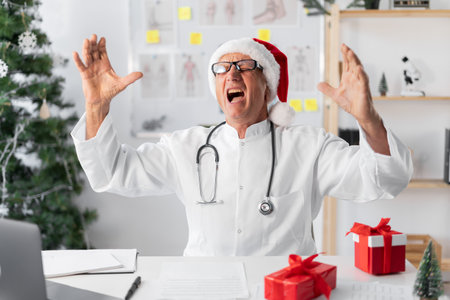 Mad and distressed Senior elderly Doctor in Santa hat on the shift on christmas eve feeling angry and overwhelmed, screamingの写真素材