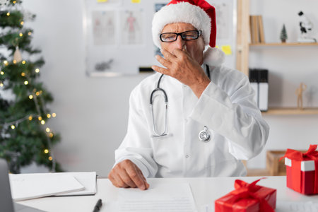 Senior elderly Doctor in Santa hat on the shift on christmas eve squeezing nose with fingers, with disgust expressionの写真素材