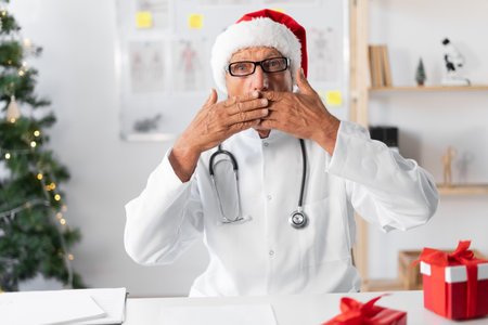 Shocked Senior elderly Doctor in Santa hat covering mouth with palms on the shift on christmas eveの写真素材