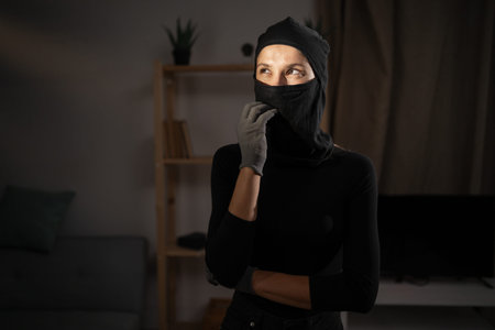 Burglary Concept. Thief or robber woman in black balaclava ponders on how to answer question, thinks...