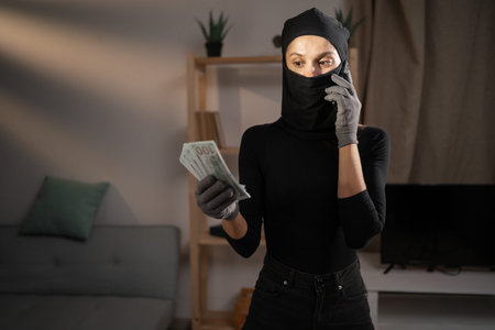 Burglary, robbery, theft and crime Concept. Female thief or intruder wearing black balaclava call on...