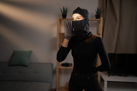 body language concept. Burglary and robbery. Female thief or robber talking news and silence...