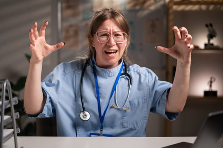 Angry aggressive physician nurse working over hours in hospital office on night shift. Medicine and Health care serviceの写真素材