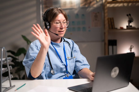 physician nurse diagnosis disease working over hours meeting with patient in virtual chat in...
