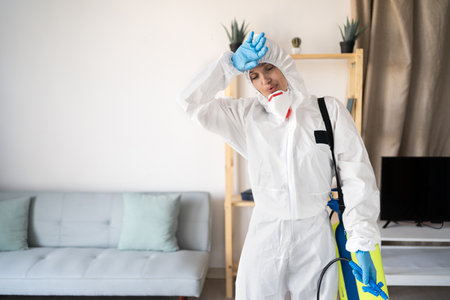 Tired overworked Female exterminator from pest control service working inside house with sprayer bottle at homeの写真素材