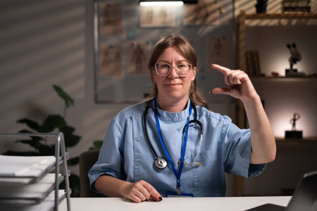 Tired stressed physician nurse working over hours at medical expertise in hospital office, typing patient report on computer. Assistant examining medication prescription. Health care serviceの写真素材