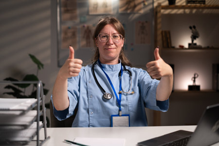 Tired stressed physician nurse working over hours at medical expertise in hospital office, typing patient report on computer. Assistant examining medication prescription. Health care serviceの写真素材
