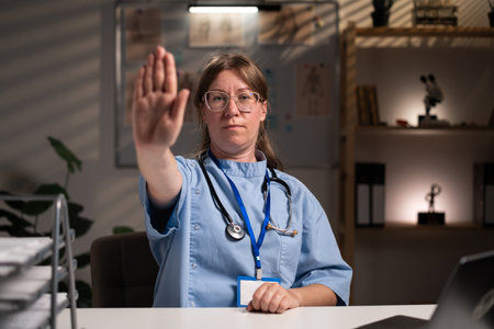 Tired stressed physician nurse working over hours at medical expertise in hospital office, typing patient report on computer. Assistant examining medication prescription. Health care serviceの写真素材