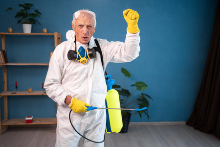 portrait of Elderly pest control worker killing insects inside infested house holding fist-up in protest strike gesture. Exterminator in protective suit holding spray bottle with insecticideの写真素材