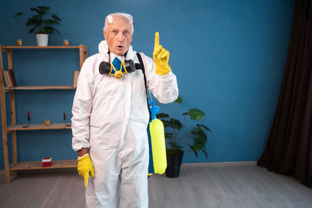 portrait of Elderly pest control worker killing insects inside infested house doing idea gesture. Exterminator in protective suit holding spray bottle with insecticide for homeの写真素材