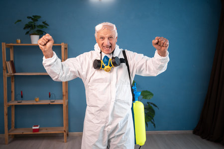 portrait of Happy Elderly pest control worker celebrating victory winner success inside infested house. Exterminator in protective suit holding spray bottle with insecticide for homeの写真素材