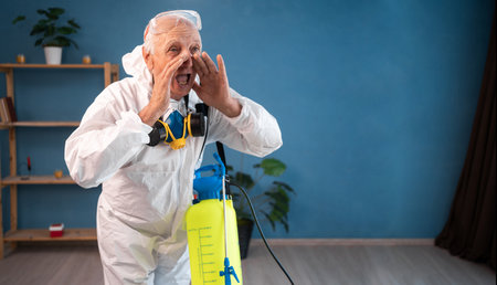 portrait of Elderly pest control worker inside infested house. Exterminator in protective suit holding spray bottle with insecticide for homeの写真素材