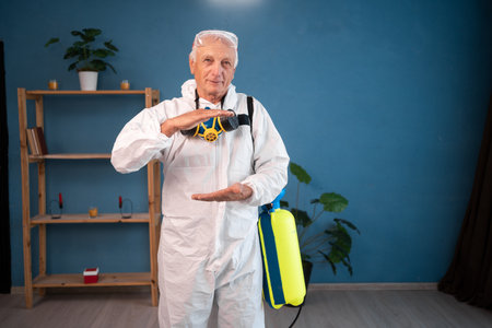 portrait of Elderly pest control worker showing big size object, shaping large box, inside infested house. Exterminator in protective suit holding spray bottle with insecticide for homeの写真素材
