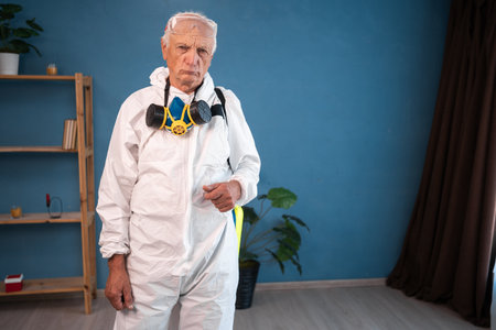 Unhappy Elderly pest control worker looking at camera inside infested house. Exterminator in protective suit holding spray bottle with insecticide for homeの写真素材