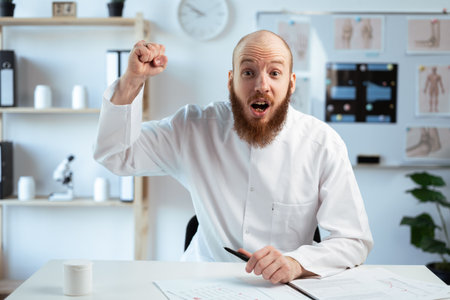 doctor with his fist raised up looking at the cameraの写真素材