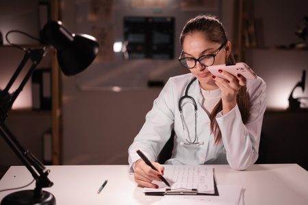 female doctor records audio recommendation and voice message working on night shift using smartphone at hospital. Medicine and health careの写真素材