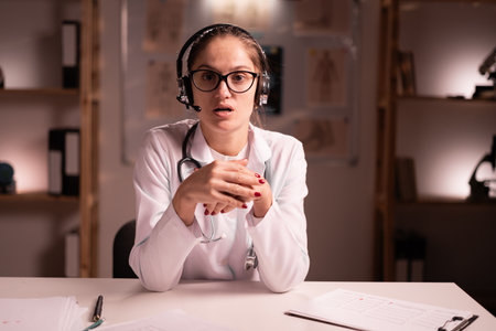 Telemedicine Concept. Female doctor wears headset talking at camera consulting patient while working on night shift in hospital.の写真素材