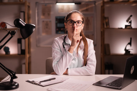 young woman physician working on night shift in office. doctor in white coat showing shh silence hush gestureの写真素材