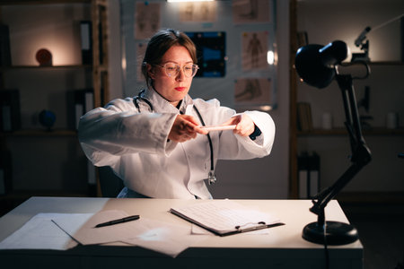woman doctor using phone, taking photo of documents sitting at desk during night shift in hospital. Modern gadgets and medicine concept. copy spaceの写真素材