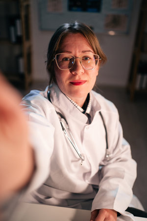 General practitioner doctor making selfie using smartphone working late at night in hospital office. Nurse health care treatment. medicine conceptの写真素材