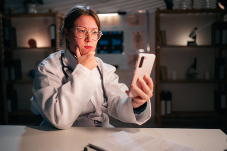 General practitioner or doctor thinking new idea using smartphone on workplace working during night shift in hospital. copy space. medicine and healthcare conceptの写真素材