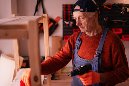 Senior Elderly Carpenter in blue overalls working in workshop. Craftsman assembling wooden shelf using electric drill in carpenter's shop, making furniture from wood. copy spaceの写真素材