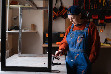Handywoman restoring worker checking message with orders using smartphone and banking balance online...