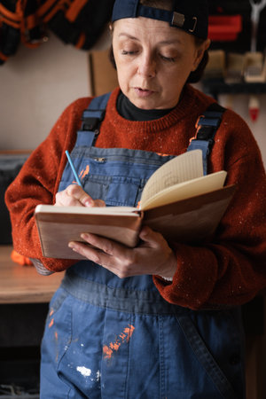 Portrait of woman handyman mechanic in workshop writing notes in notepad while repair furniture. Small businessの写真素材