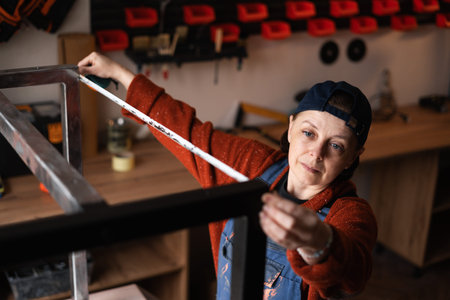 Handyman measuring metal legs in workshop with tape measure during furniture assembly. Concept of...