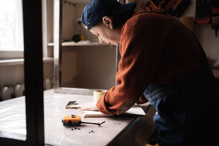 Small business concept. Handywoman measuring with tape on wooden table. Professional handy worker...