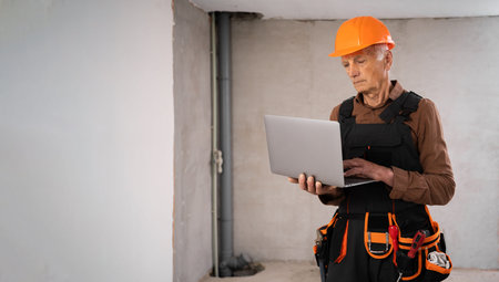 Architect using laptop computer on workspace. Civil engineer elderly senior man buying material...