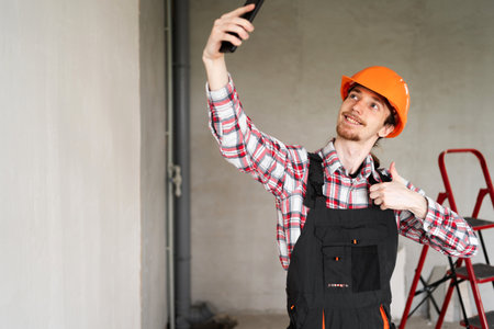 Builder, foreman, repairman wearing tool belt hard hat and overalls at construction site making point of view photo showing thumb up, like gesture. Banner.の写真素材