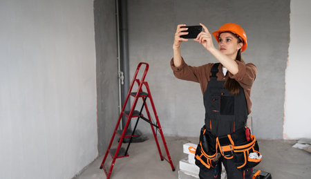 Woman Builder. Female Architect or construction worker making photo on smartphone camera in...