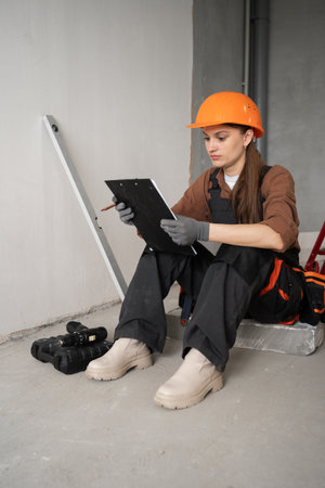 female repairman, foreman or builder in uniform and hardhat holding clipboard and planning renovation. repair, construction and building concept.の写真素材