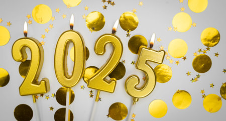 New Year greeting card. background Happy New Year 2025. Golden candles with numbers of year 2025 on...